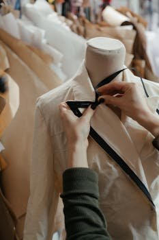 Close-up of tailor adjusting a garment on a mannequin, symbolizing fashion design in a creative studio.